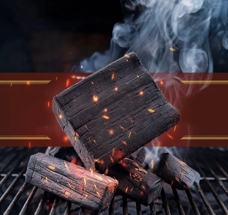 Large banner showcasing burning charcoal blocks on a grill, emphasizing even heat distribution and premium performance.